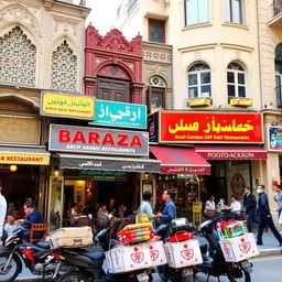 A vibrant urban street scene featuring a variety of Arabic restaurants, each adorned with intricate architectural details and colorful signage