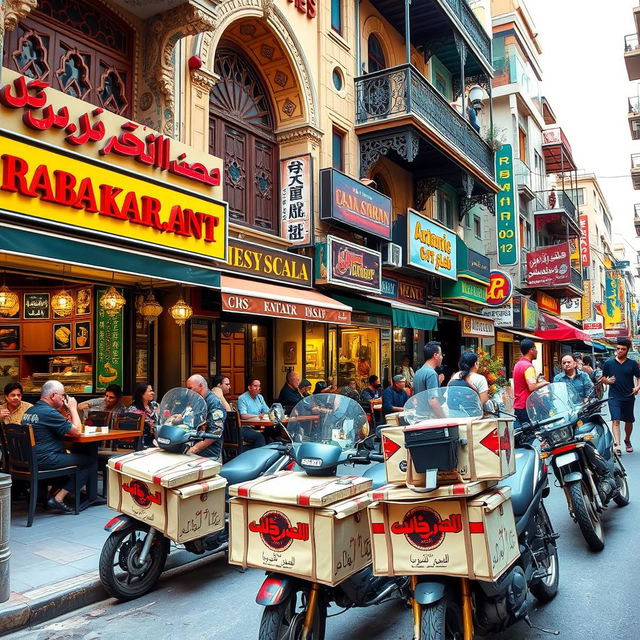 A vibrant urban street scene featuring a variety of Arabic restaurants, each adorned with intricate architectural details and colorful signage