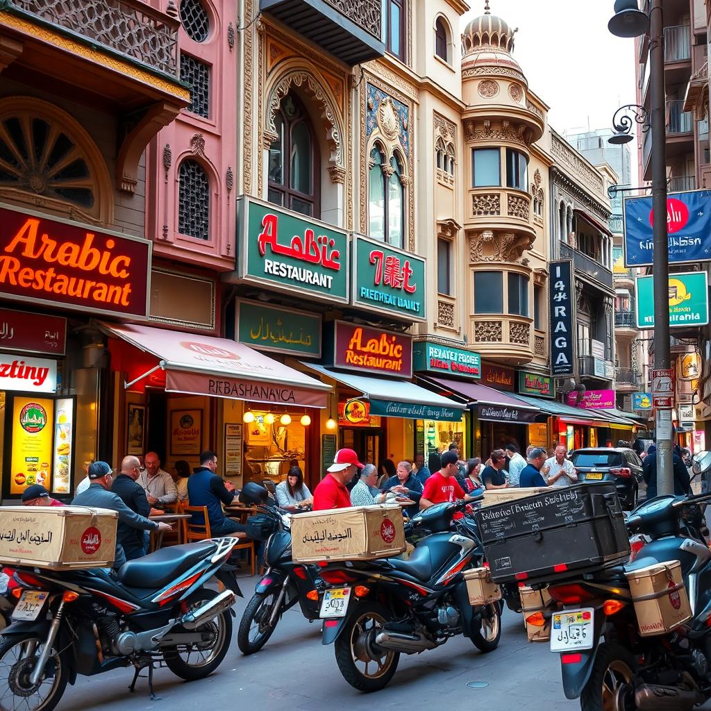 A vibrant urban street scene featuring a variety of Arabic restaurants, each adorned with intricate architectural details and colorful signage