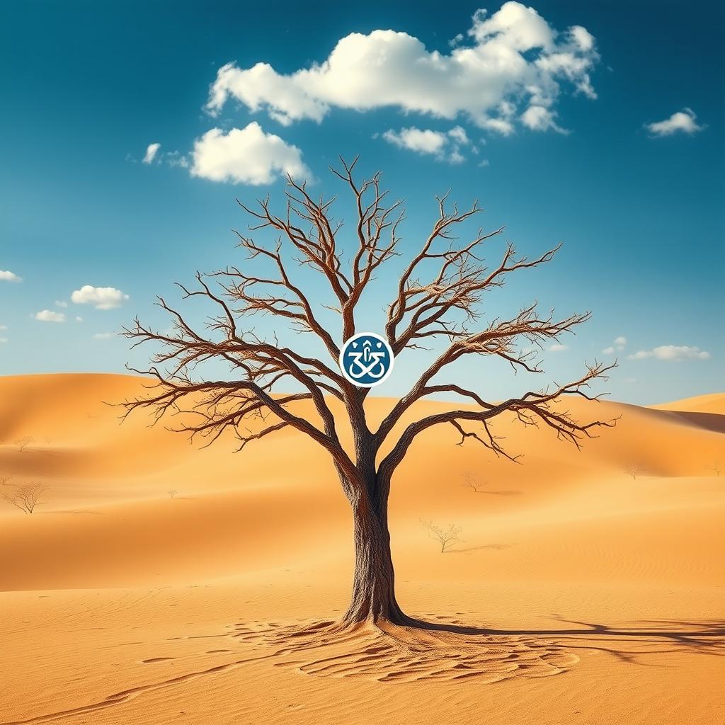 A solitary tree standing tall in a vast desert landscape, the tree's branches elegantly stretching outwards