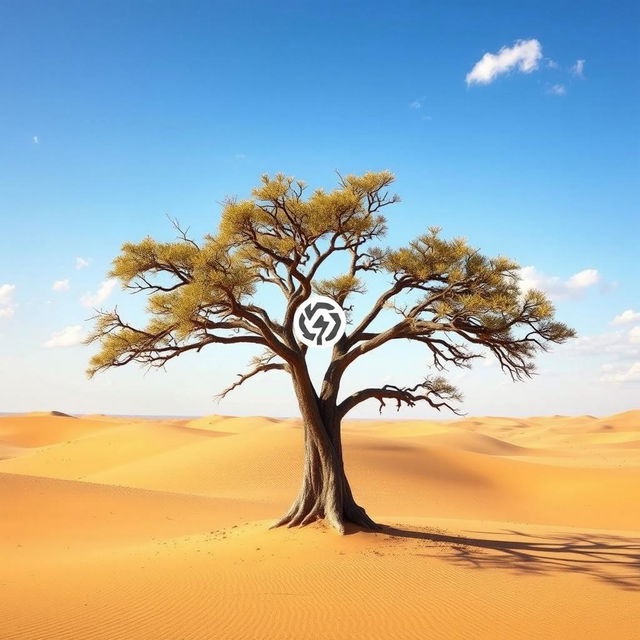 A solitary tree standing tall in a vast desert landscape, the tree's branches elegantly stretching outwards