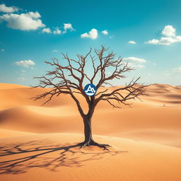 A solitary tree standing tall in a vast desert landscape, the tree's branches elegantly stretching outwards