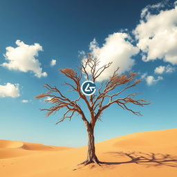 A solitary tree standing tall in a vast desert landscape, the tree's branches elegantly stretching outwards