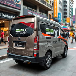 A stylish mini blind van featuring the branding "SPX EXPRESS ARUT SELATAN" displayed prominently on its side