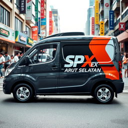 A stylish mini blind van featuring the branding "SPX EXPRESS ARUT SELATAN" displayed prominently on its side