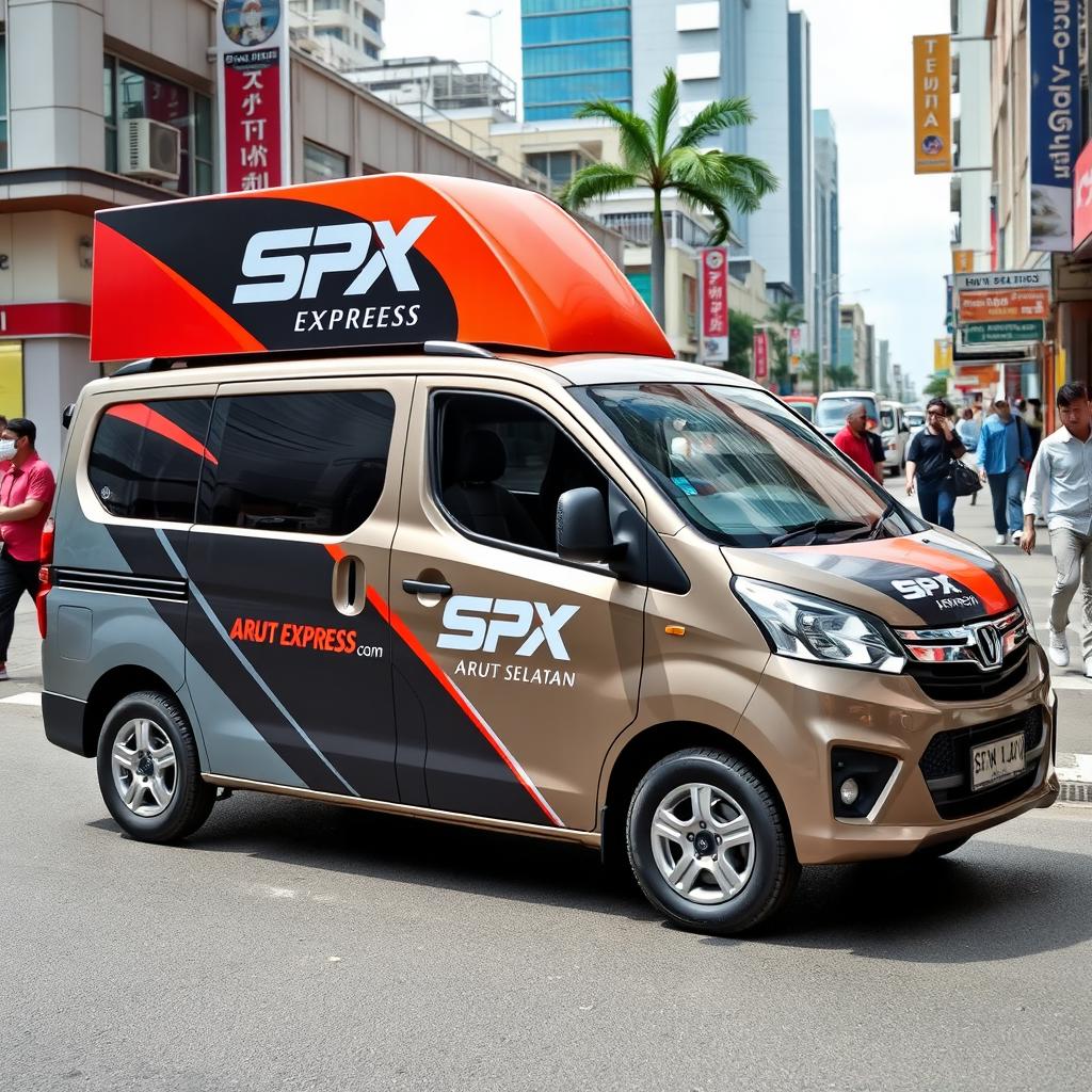 A stylish mini blind van featuring the branding "SPX EXPRESS ARUT SELATAN" displayed prominently on its side