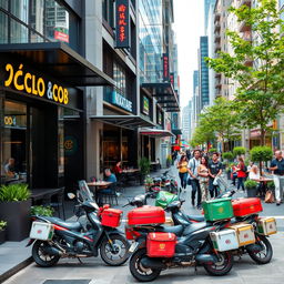 A contemporary urban street scene filled with modern restaurants featuring sleek, glass facades and chic outdoor seating arrangements