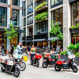 A contemporary urban street scene filled with modern restaurants featuring sleek, glass facades and chic outdoor seating arrangements