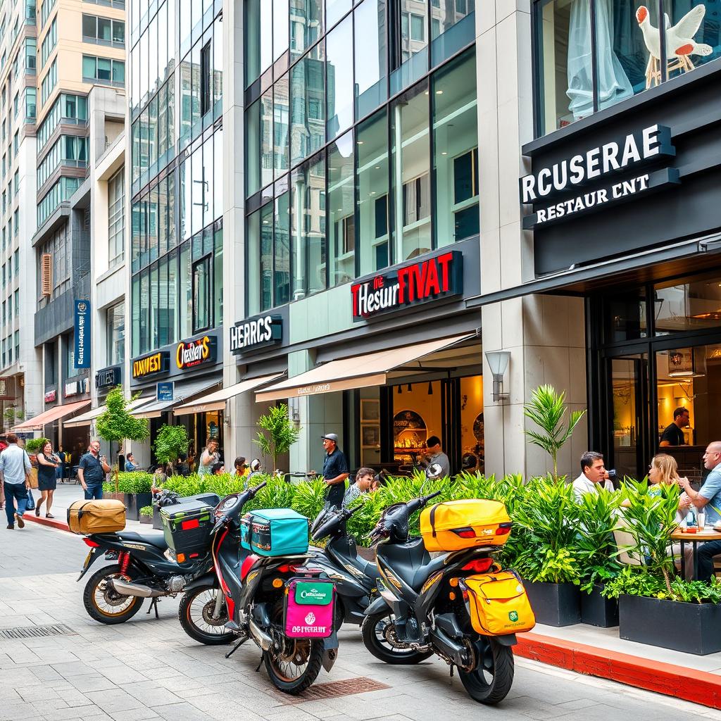 A contemporary urban street scene filled with modern restaurants featuring sleek, glass facades and chic outdoor seating arrangements
