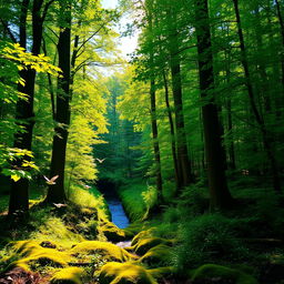 A dense and lush forest, filled with tall trees and a variety of vibrant green foliage