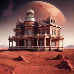 A lavish Victorian villa, characterized by intricate architectural elements, situated on the barren landscape of Mars, with the red Martian soil and the distant galactic horizon as its backdrop.