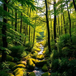 A dense and lush forest, filled with tall trees and a variety of vibrant green foliage