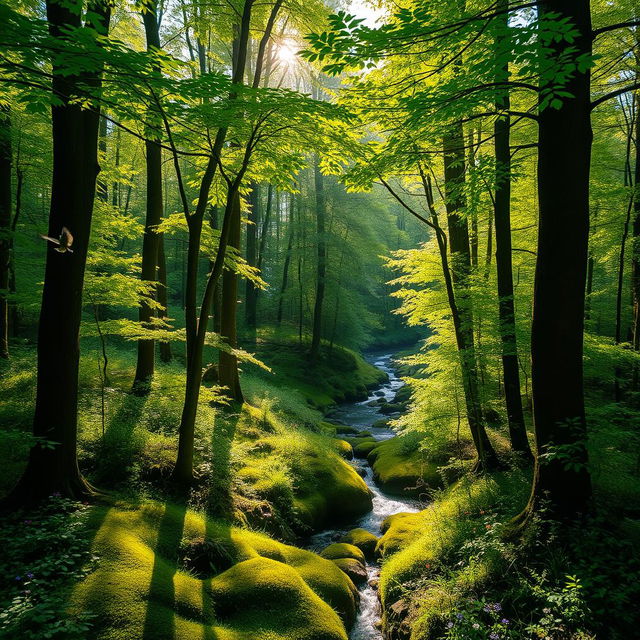 A dense and lush forest, filled with tall trees and a variety of vibrant green foliage