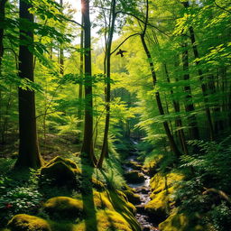 A dense and lush forest, filled with tall trees and a variety of vibrant green foliage
