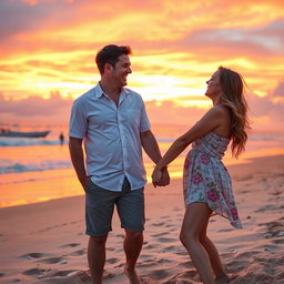 A romantic scene depicting two adults getting closer together, holding hands, surrounded by a beautiful sunset on a beach