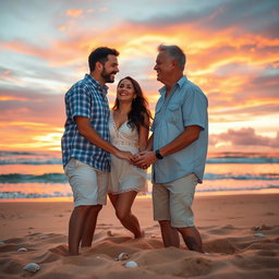 A romantic scene depicting two adults getting closer together, holding hands, surrounded by a beautiful sunset on a beach