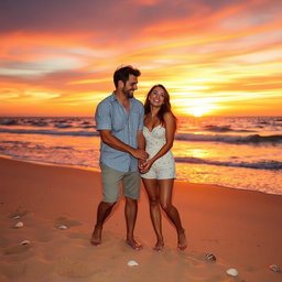 A romantic scene depicting two adults getting closer together, holding hands, surrounded by a beautiful sunset on a beach