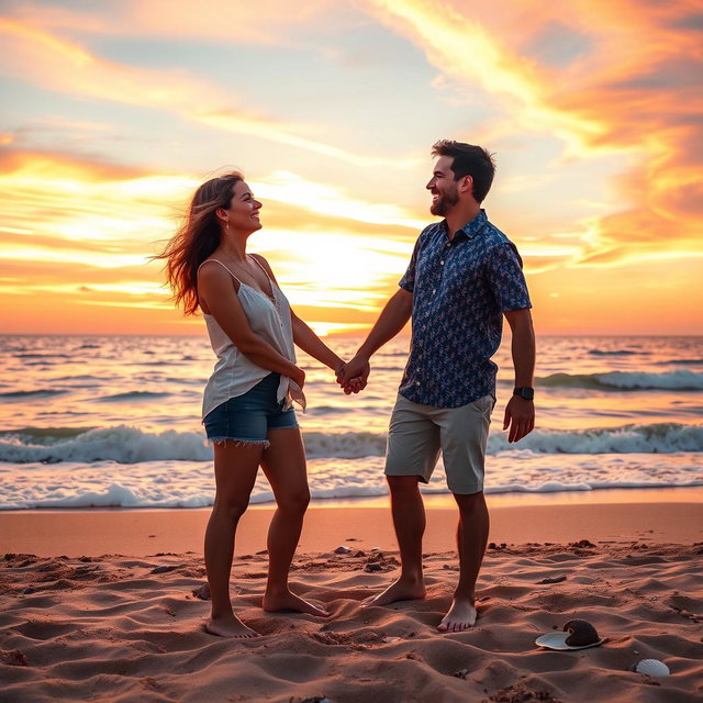 A romantic scene depicting two adults getting closer together, holding hands, surrounded by a beautiful sunset on a beach