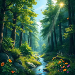 A vibrant and lush forest landscape, filled with tall, green trees, thick underbrush, and sparkling sunlight filtering through the leaves