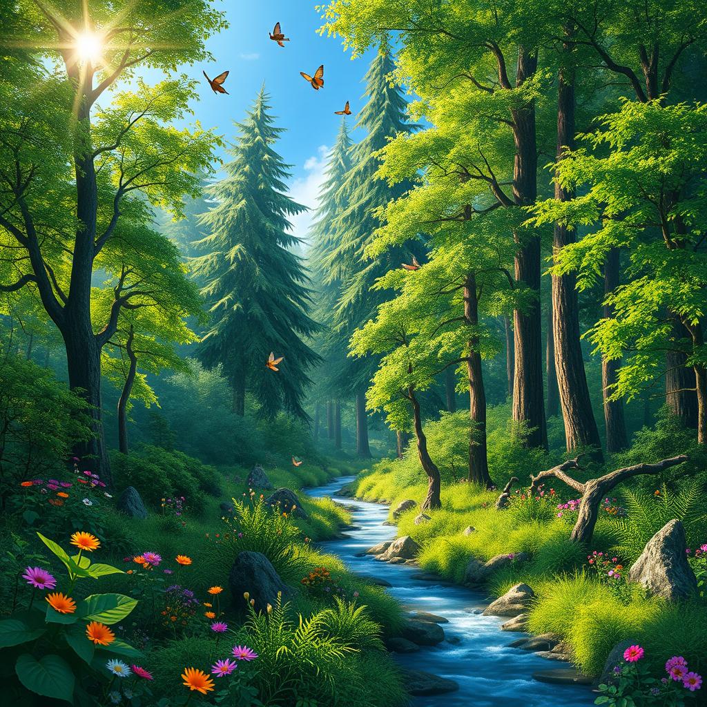 A vibrant and lush forest landscape, filled with tall, green trees, thick underbrush, and sparkling sunlight filtering through the leaves