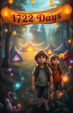 A vibrant fantasy scene depicting two adventurous kids lost in a mystical forest, surrounded by enchanting lights and ethereal creatures