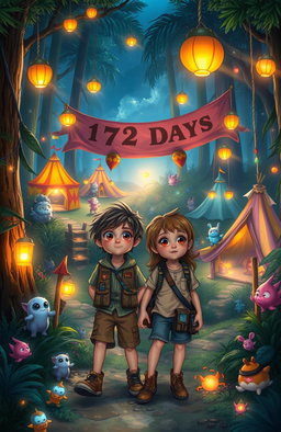 A vibrant fantasy scene depicting two adventurous kids lost in a mystical forest, surrounded by enchanting lights and ethereal creatures