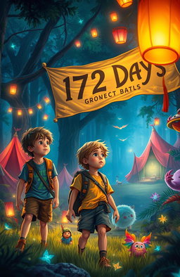 A vibrant fantasy scene depicting two adventurous kids lost in a mystical forest, surrounded by enchanting lights and ethereal creatures