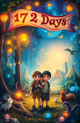 A vibrant fantasy scene depicting two adventurous kids lost in a mystical forest, surrounded by enchanting lights and ethereal creatures
