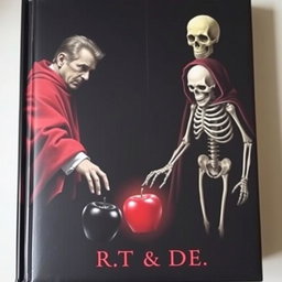 A dark-themed book cover featuring a left side with a man in a flowing red cloak, reaching out with his hand towards a shiny black apple below him