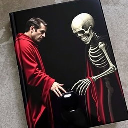A dark-themed book cover featuring a left side with a man in a flowing red cloak, reaching out with his hand towards a shiny black apple below him