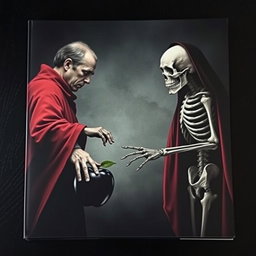 A dark-themed book cover featuring a left side with a man in a flowing red cloak, reaching out with his hand towards a shiny black apple below him