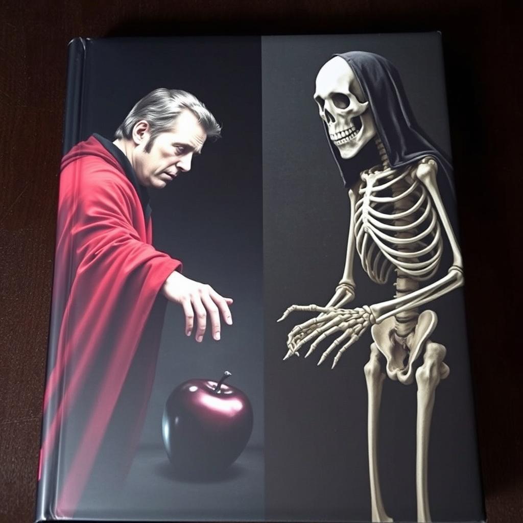 A dark-themed book cover featuring a left side with a man in a flowing red cloak, reaching out with his hand towards a shiny black apple below him