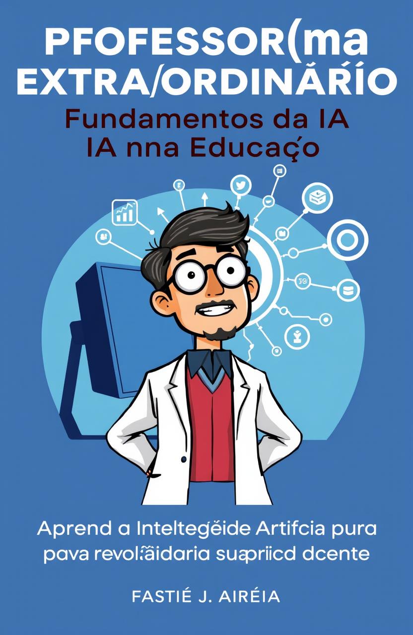 An illustration of a professor standing in front of a computer screen, displaying a look of surprise and admiration as an artificial intelligence (AI) emerges from the screen