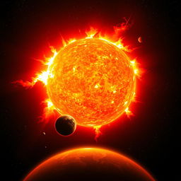 A captivating and scientifically accurate illustration of the Sun in a moment of expansion, showing it transforming into a red giant