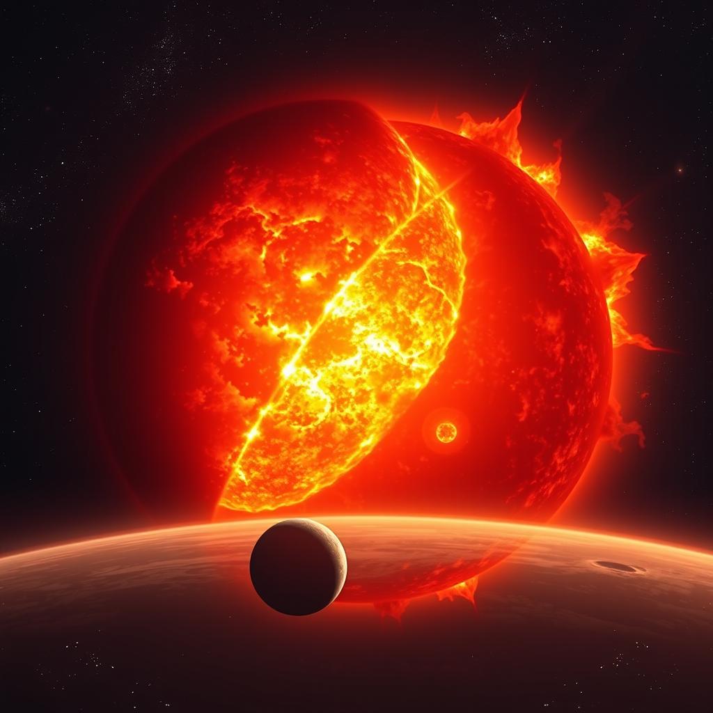 A captivating and scientifically accurate illustration of the Sun in a moment of expansion, showing it transforming into a red giant