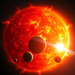 A captivating and scientifically accurate illustration of the Sun in a moment of expansion, showing it transforming into a red giant