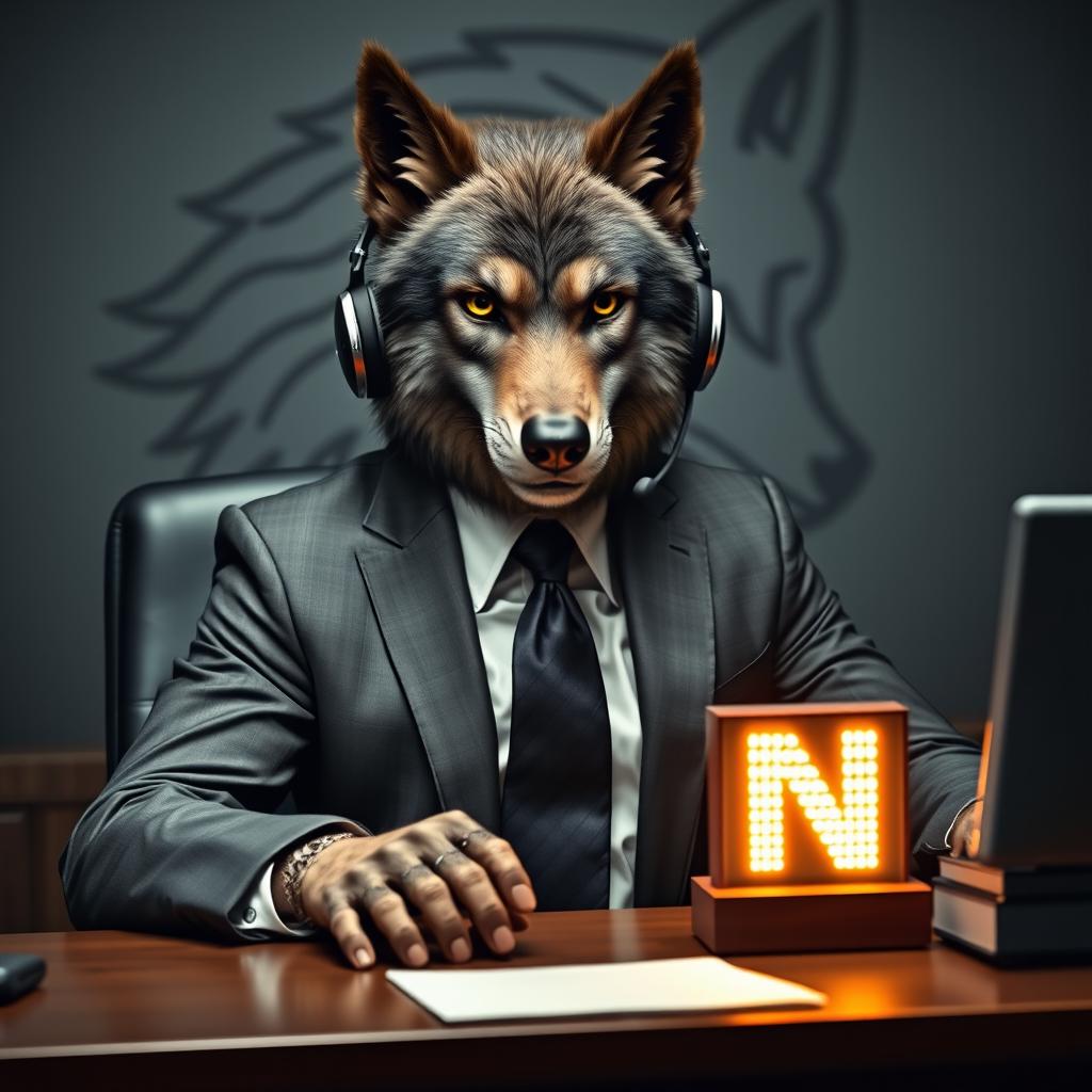 A realistic werewolf dressed in an executive suit, wearing teleoperator headphones, sitting at a desk in an office