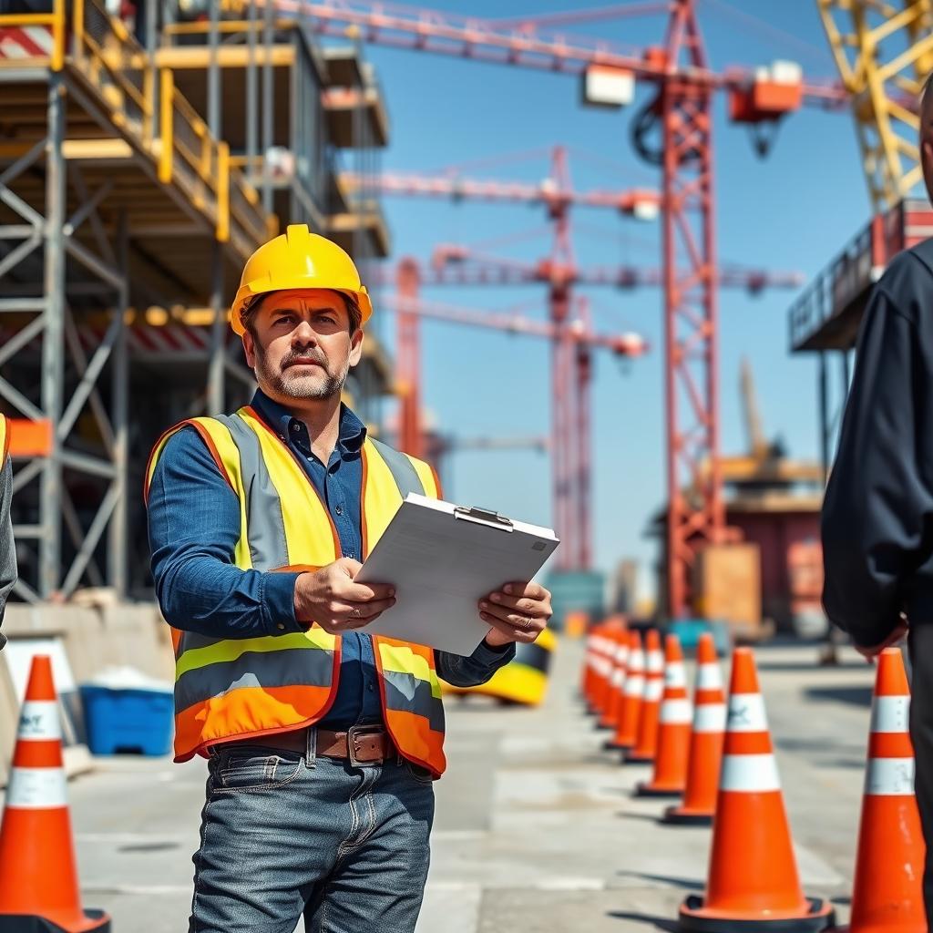 A professional man wearing a bright yellow safety helmet, standing in an industrial construction site, surrounded by heavy machinery and safety cones