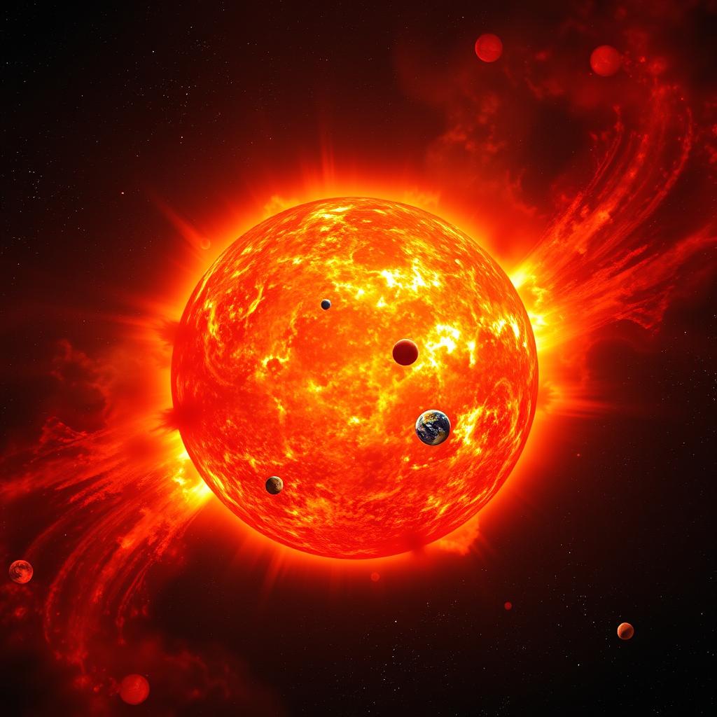 An awe-inspiring cosmic scene depicting the Sun during its expansion phase into a red giant