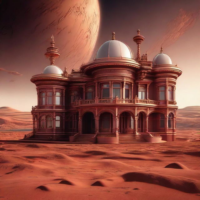 A lavish Victorian villa, characterized by intricate architectural elements, situated on the barren landscape of Mars, with the red Martian soil and the distant galactic horizon as its backdrop.