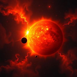 An awe-inspiring cosmic scene depicting the Sun during its expansion phase into a red giant
