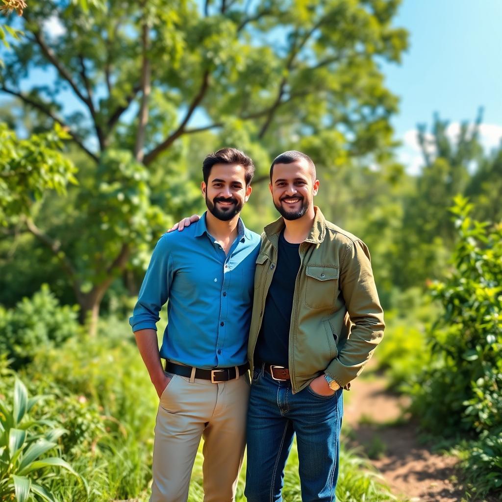 Two men standing together, one wearing a casual blue shirt and beige trousers, and the other in a stylish green jacket and dark jeans, both smiling and gazing at the camera in a lush natural background filled with greenery, trees, and a bright blue sky