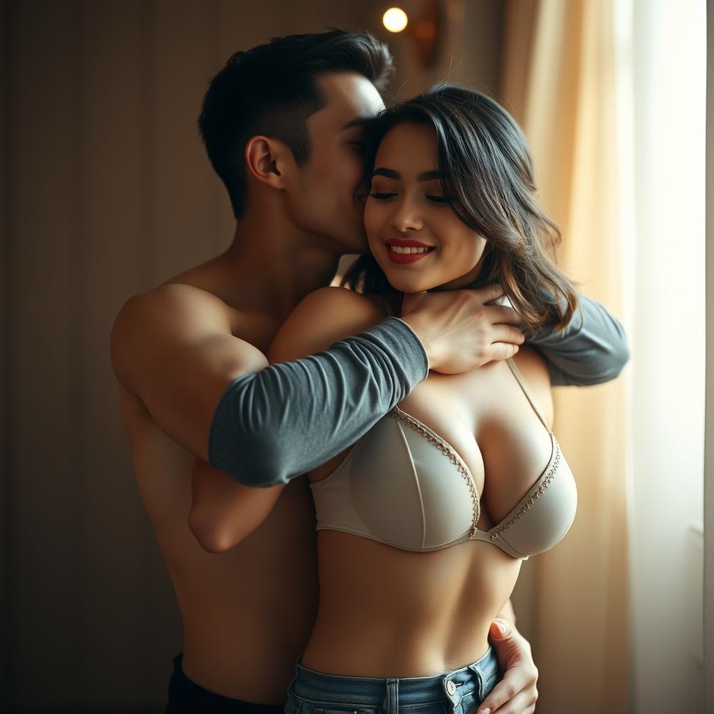 A romantic and affectionate scene featuring a handsome 39-year-old Indonesian man with an athletic physique and pure white skin, passionately hugging a beautiful 28-year-old woman with a sturdy and sexy body from behind while standing