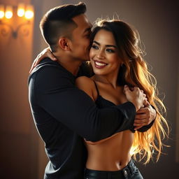 A romantic and affectionate scene featuring a handsome 39-year-old Indonesian man with an athletic physique and pure white skin, passionately hugging a beautiful 28-year-old woman with a sturdy and sexy body from behind while standing