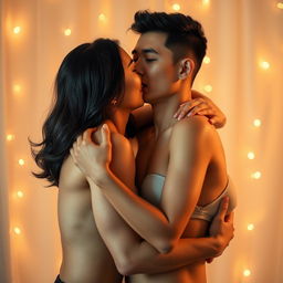 A romantic and affectionate scene featuring a handsome 39-year-old Indonesian man with an athletic physique and pure white skin, passionately hugging a beautiful 28-year-old woman with a sturdy and sexy body from behind while standing