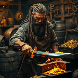 A fierce pirate blacksmith, with rugged features and a weathered face, working in a dimly lit workshop filled with traditional blacksmith tools