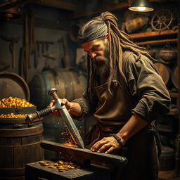 A fierce pirate blacksmith, with rugged features and a weathered face, working in a dimly lit workshop filled with traditional blacksmith tools