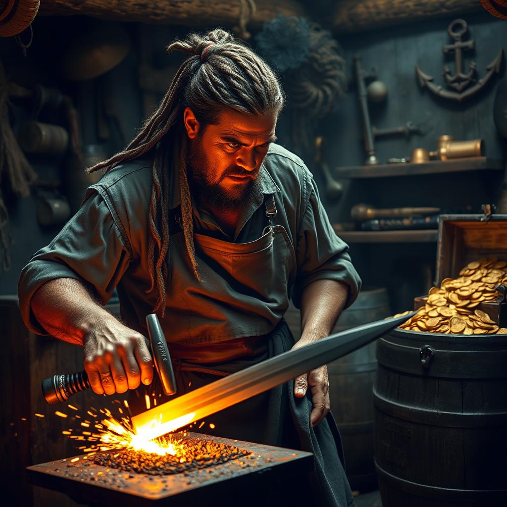 A fierce pirate blacksmith, with rugged features and a weathered face, working in a dimly lit workshop filled with traditional blacksmith tools
