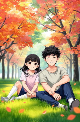 A young girl with black hair and brown eyes sitting beside a young man with curly black hair on the grass of a vibrant park