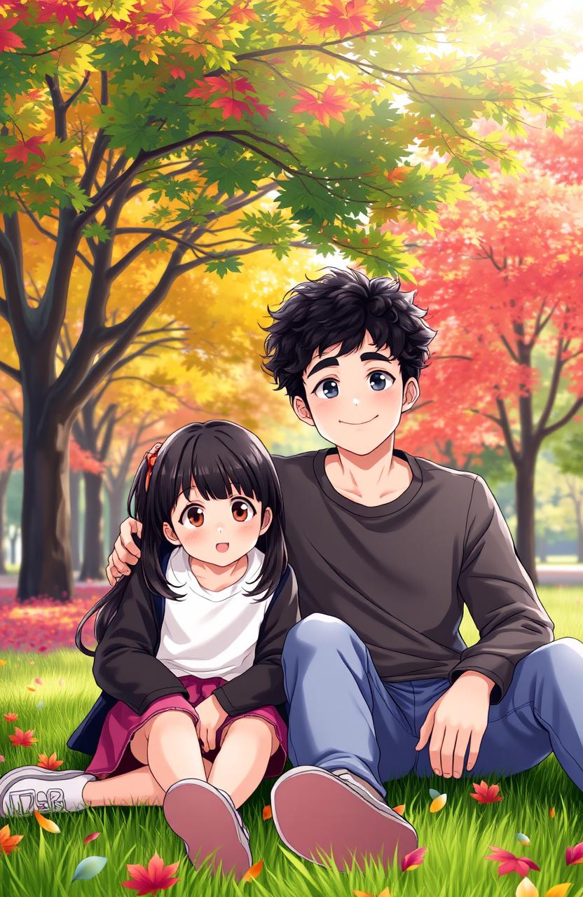 A young girl with black hair and brown eyes sitting beside a young man with curly black hair on the grass of a vibrant park